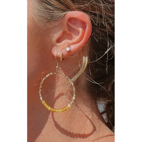 Yellow Onyx Sparkly Gold Beaded Earring Gemstone Dangle Hoops Yellow onyx - Picture 2 of 8